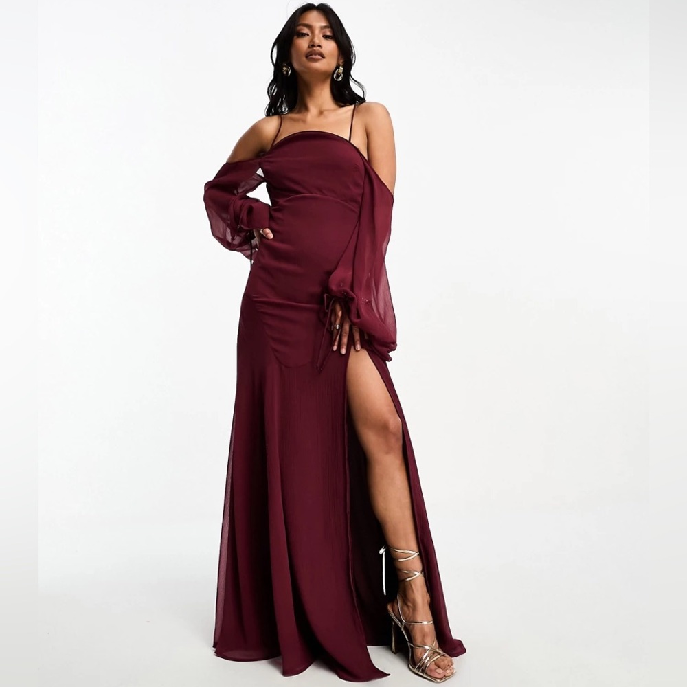 NWT ASOS DESIGN halter cold shoulder maxi dress with wave neckline in burgundy